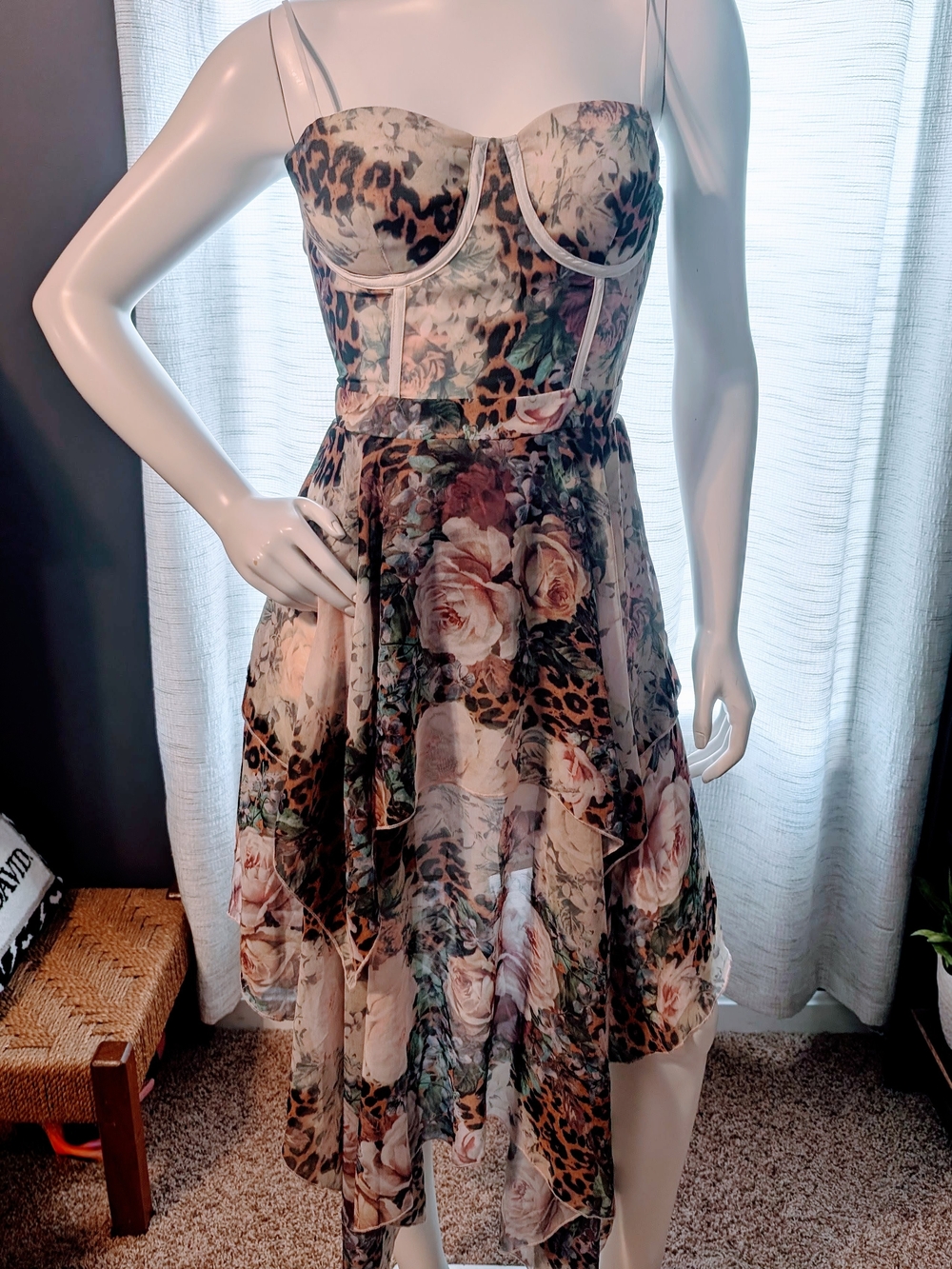 Fashion Nova Floral Leopard Corset Midi Dress - Pink & Green